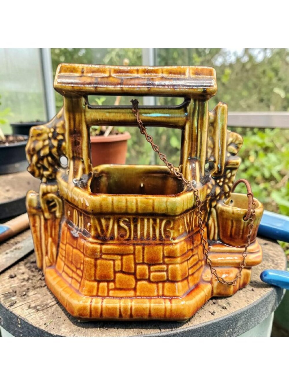 Vintage McCoy USA Brown Wishing Well Planter Chain & Bucket 6.5" Tall